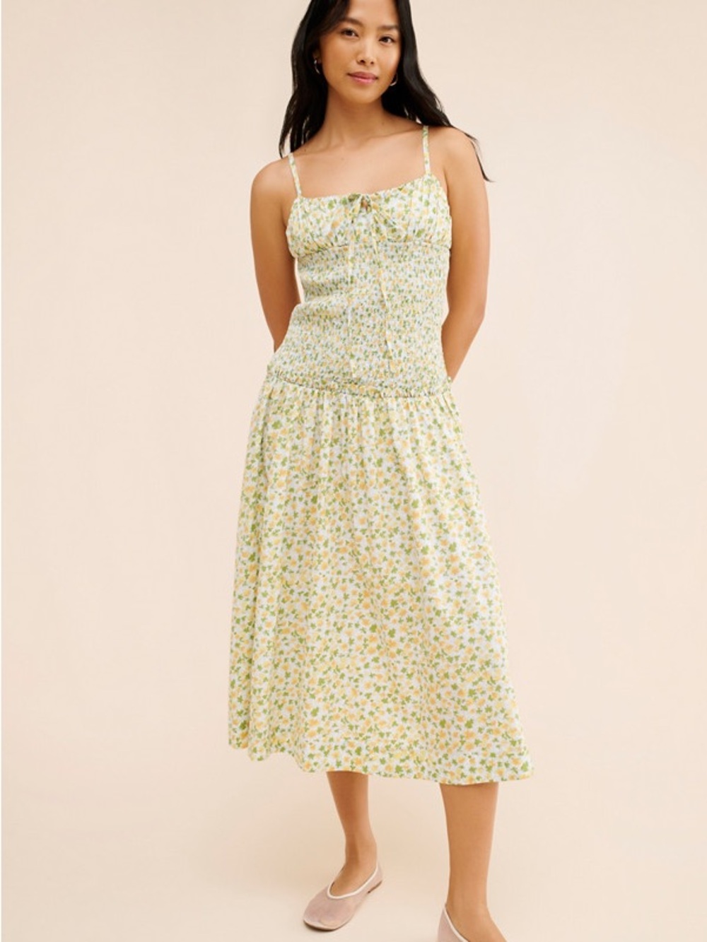 Free People Smocked Midi Dress in Yellow and Green